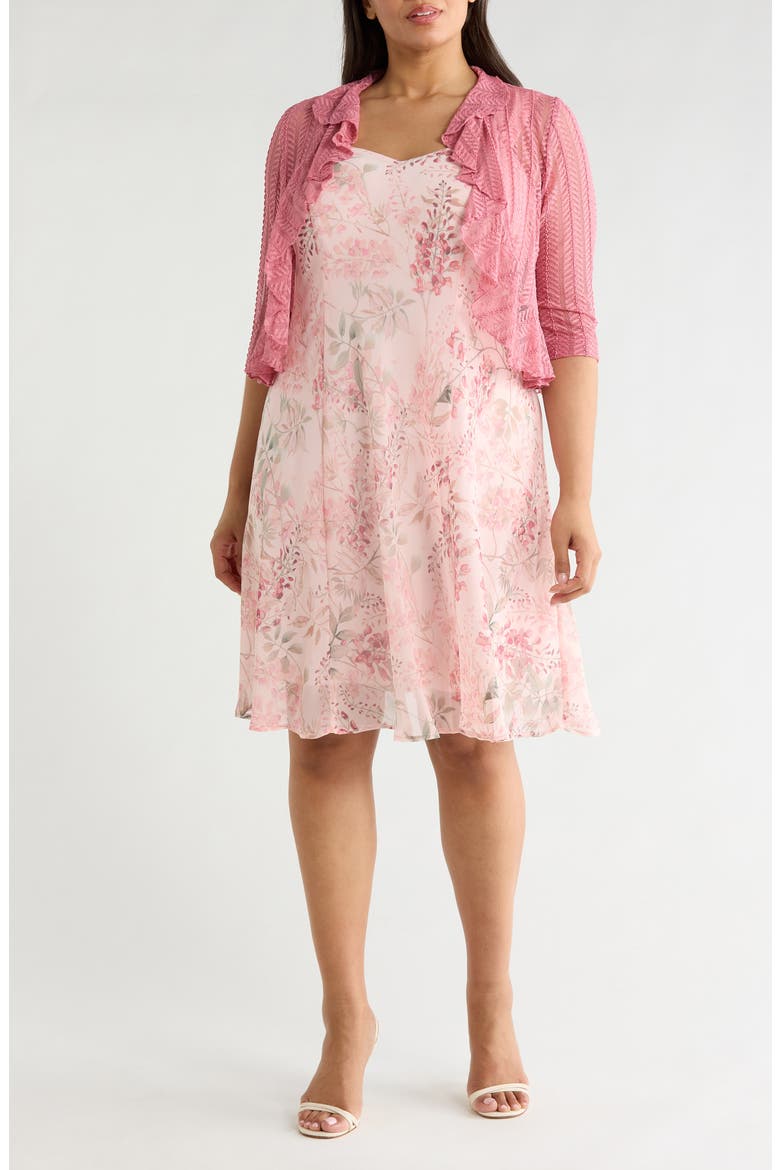 Floral Chiffon Dress & Lace Shrug Set, Main, color, SOFT CORAL
