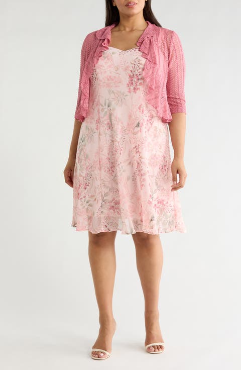 Floral Chiffon Dress & Lace Shrug Set (Plus)