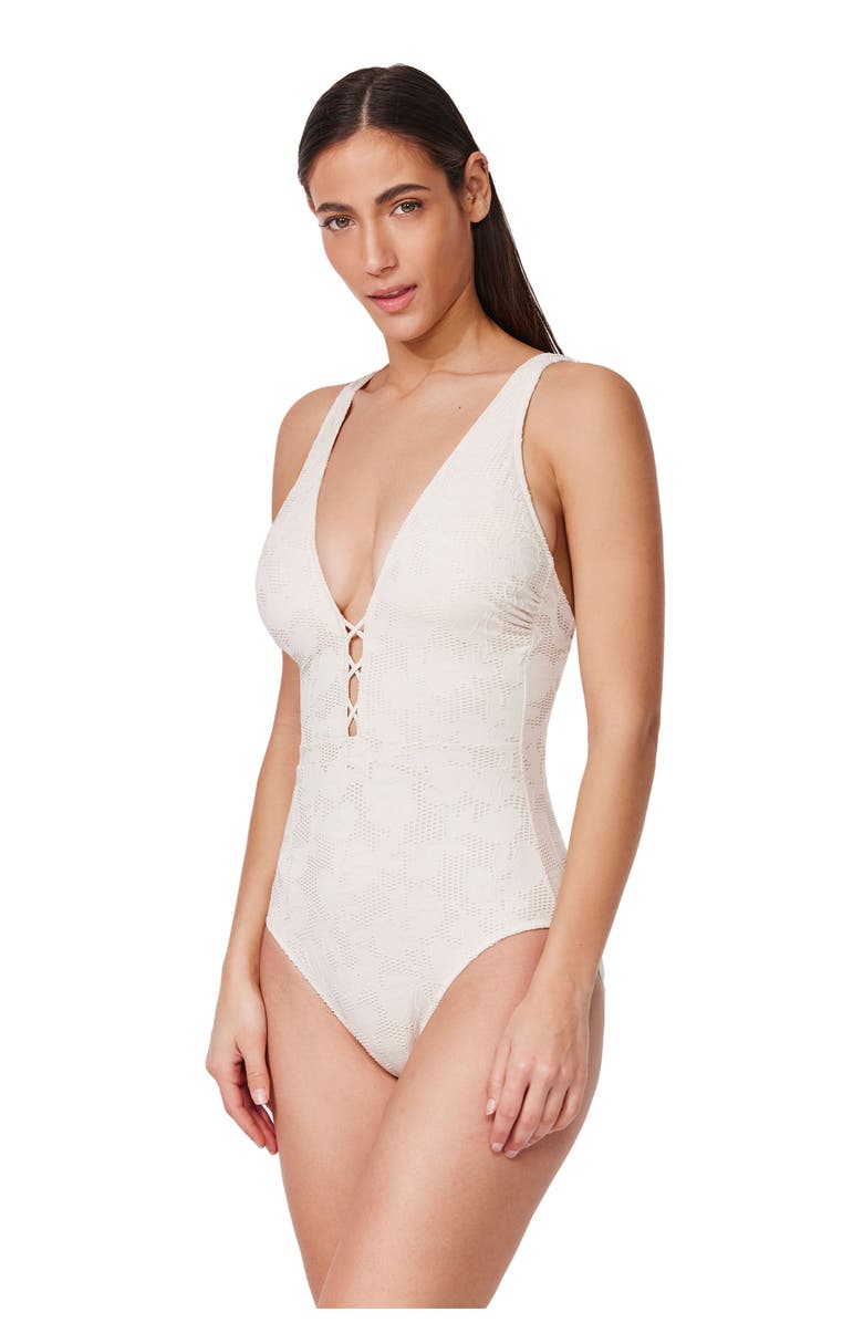 Profile by Gottex Jolene Textured Deep V Neck One Piece, Alternate, color, Cream