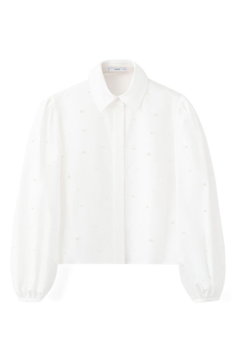 MANGO Pearl Detail Puff Sleeve Button-Up Shirt, Alternate, color, 