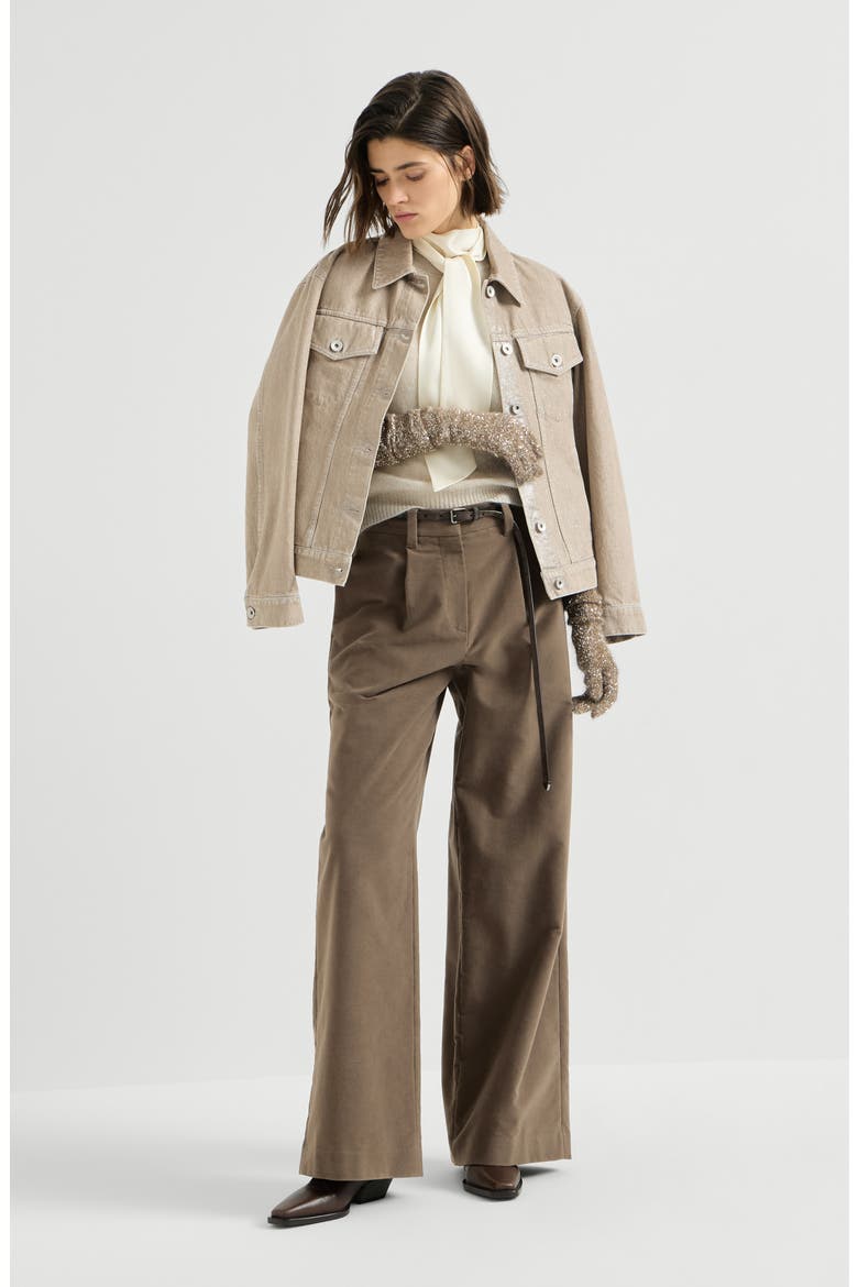 Stretch Cotton Moleskin Loose Tailored Trousers With Monili, Alternate, color, Brown