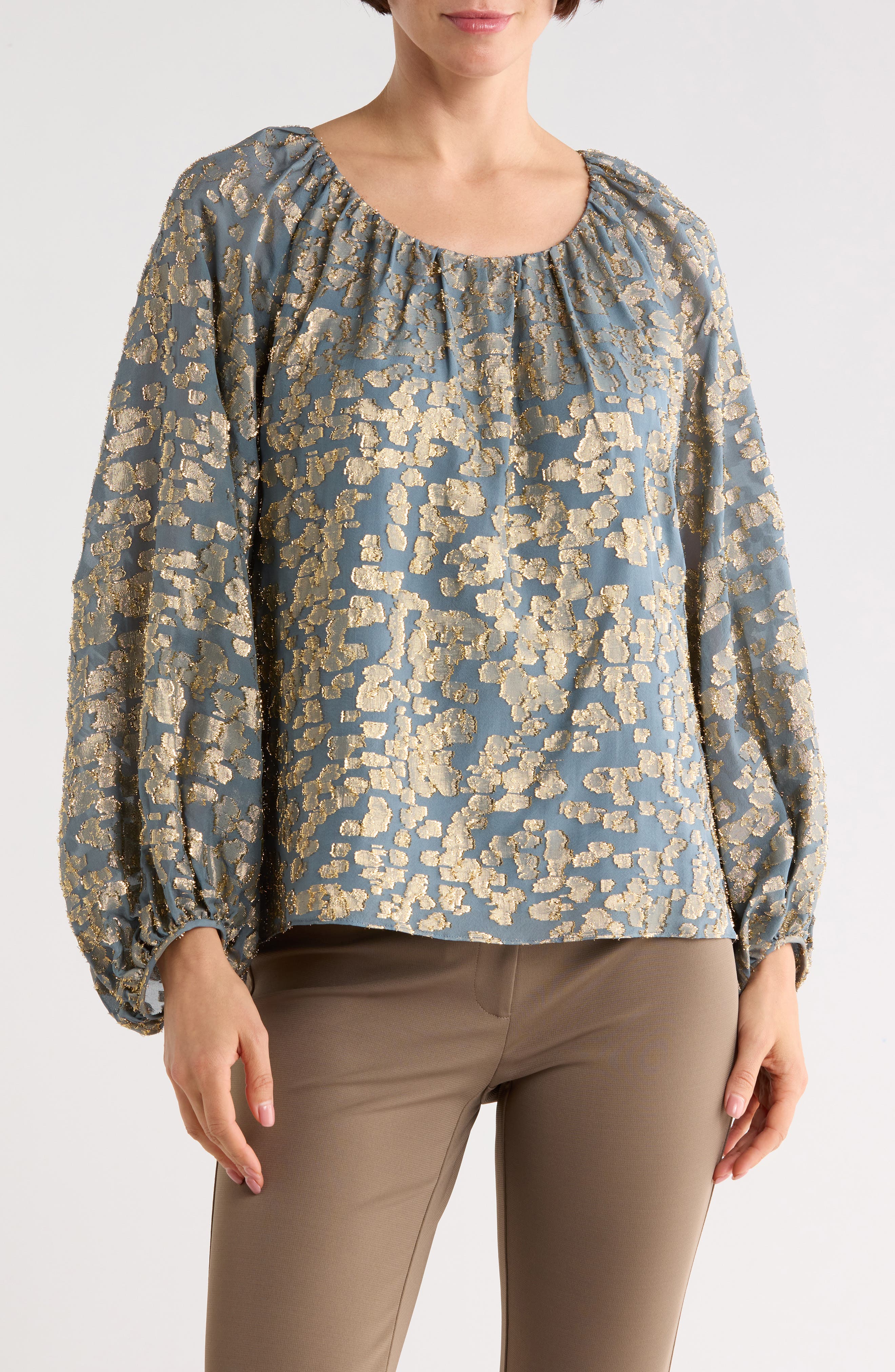 Metallic Balloon Sleeve Silk Blend Jacquard Top