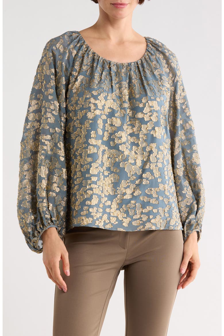 Metallic Balloon Sleeve Silk Blend Jacquard Top, Main, color, SLATE BLUE MULTI