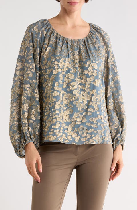 Metallic Balloon Sleeve Silk Blend Jacquard Top
