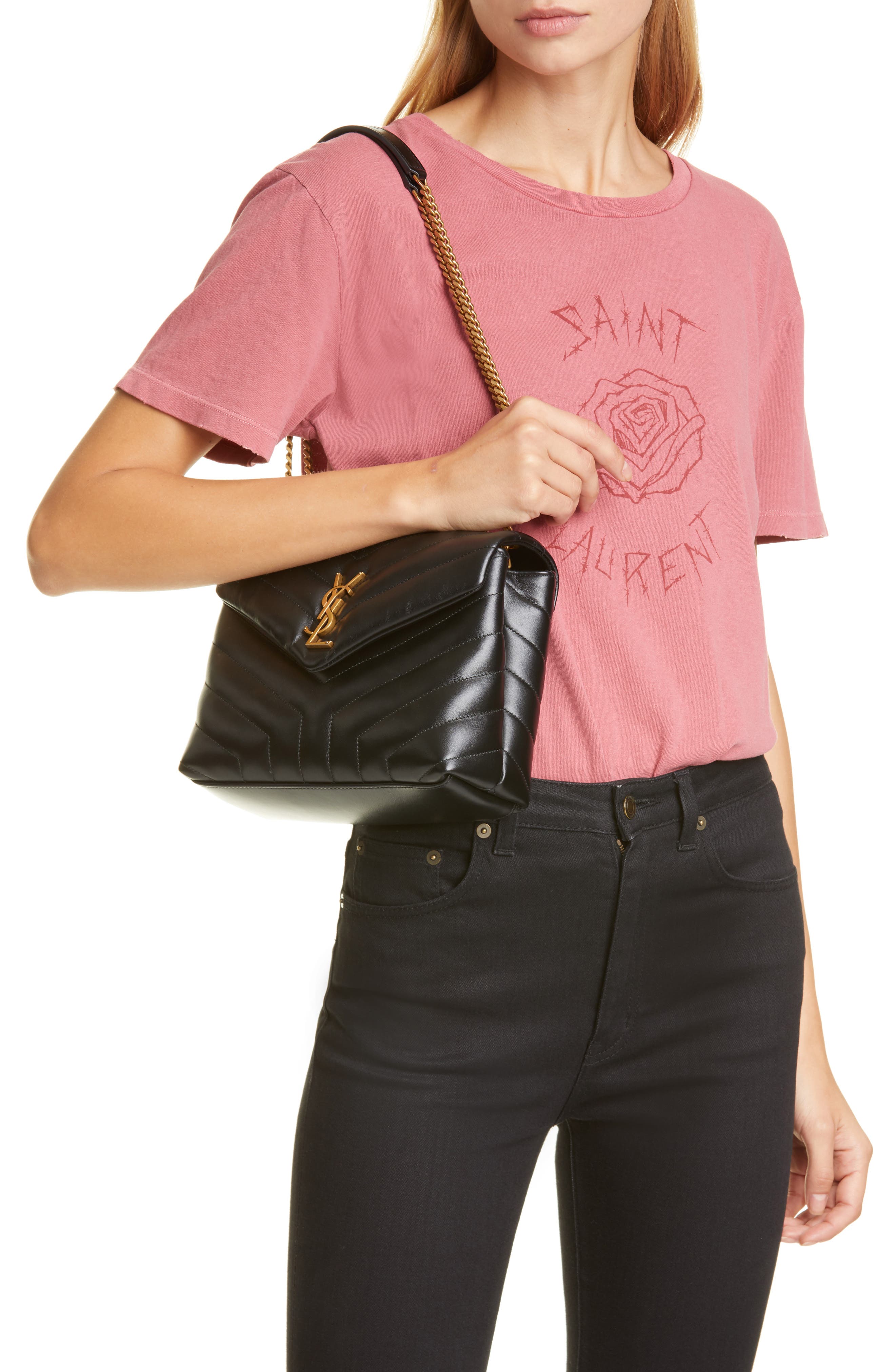 Small Loulou Chain Leather Shoulder Bag, Alternate, color, NOIR