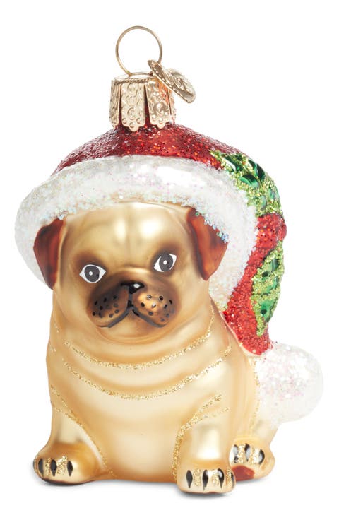 Holly Hat Pug Glass Ornament