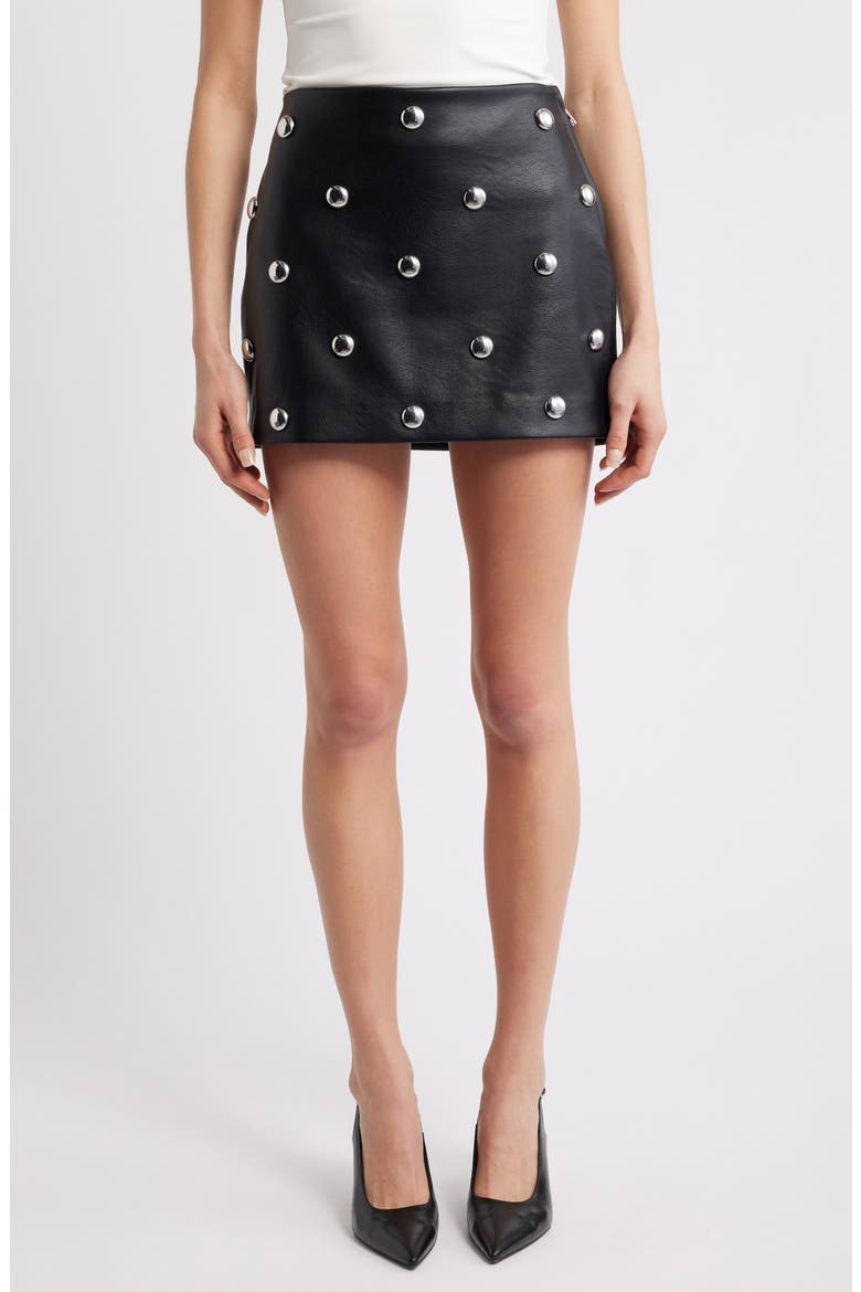 Carla Studded Faux Leather Miniskirt, Main, color, BLACK