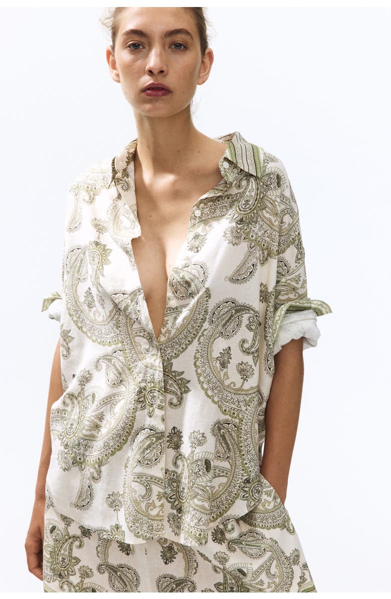 H&M Oversized Linen-blend Shirt, Alternate, color, Light Beige/Paisley