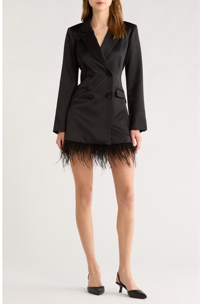 Breonna Feather Trim Blazer Dress, Main, color, BLACK
