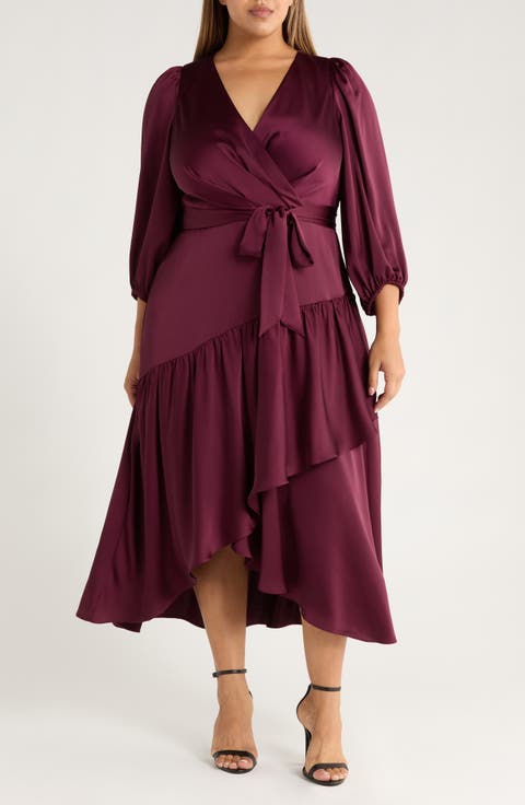 Tie Waist Long Sleeve Satin High/Low Maxi Dress
