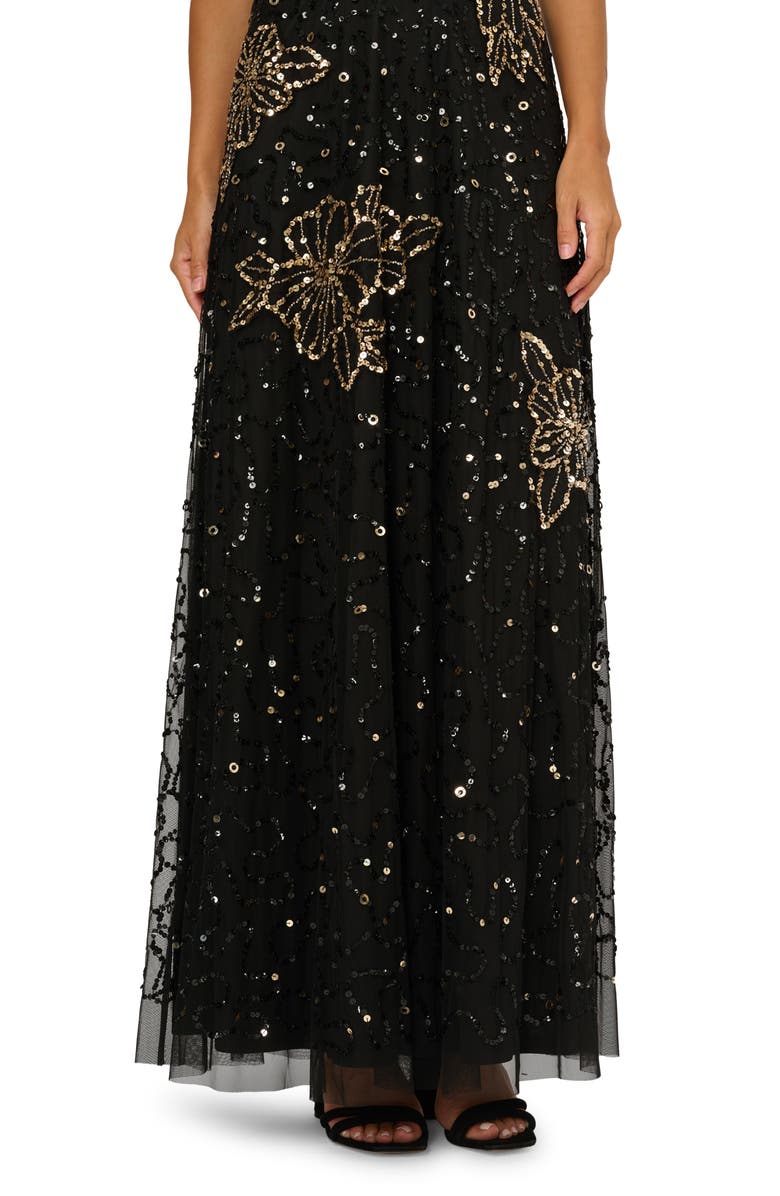 Adrianna Papell Sequin & Bead Floral Mesh Gown, Alternate, color, Black/ Gold