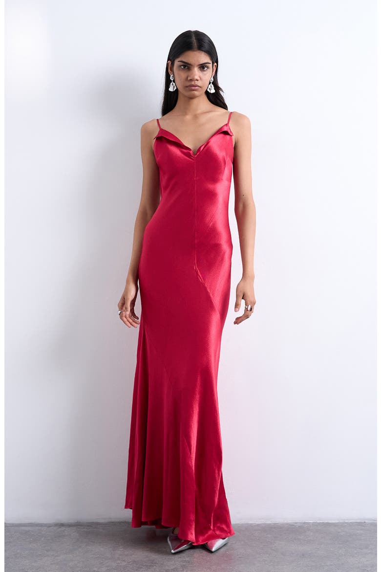 Folded Neck Satin Slip Maxi Dress, Main, color, ROSE MAROON