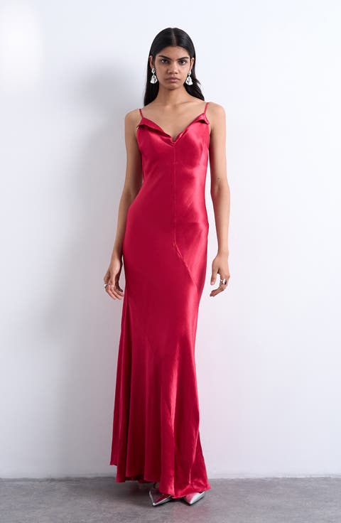 Folded Neck Satin Slip Maxi Dress