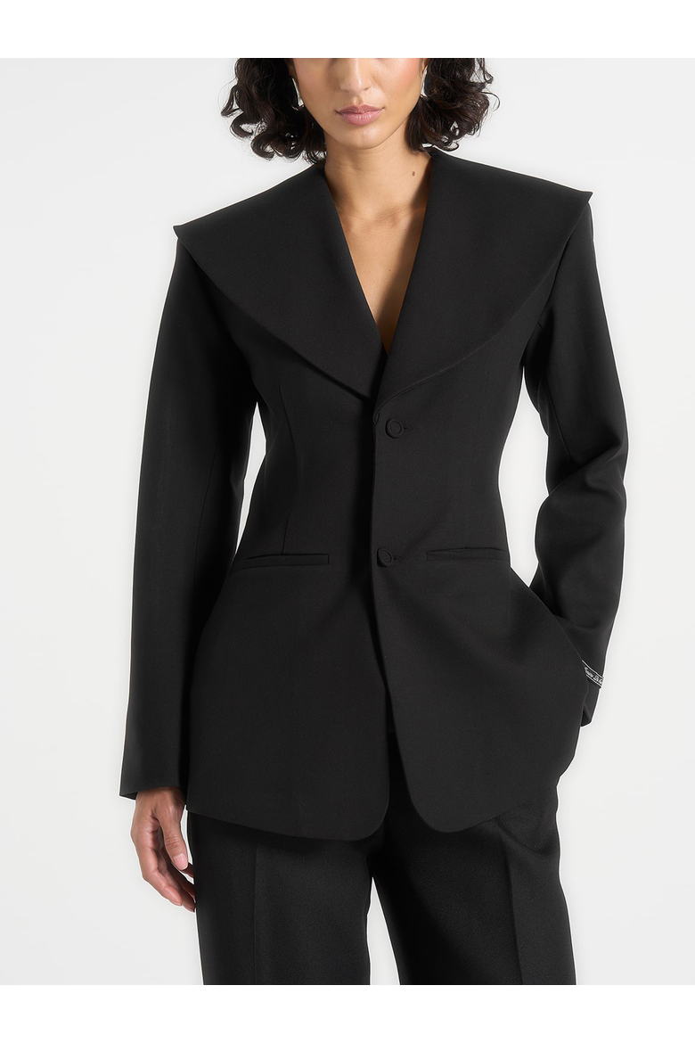 Emy Tailored Cinch Waist Shawl Blazer, Alternate, color, Black