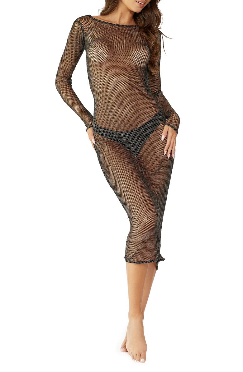 PQ SWIM Rachel Metallic Sheer Cover-Up Dress, Main, color, Midnight