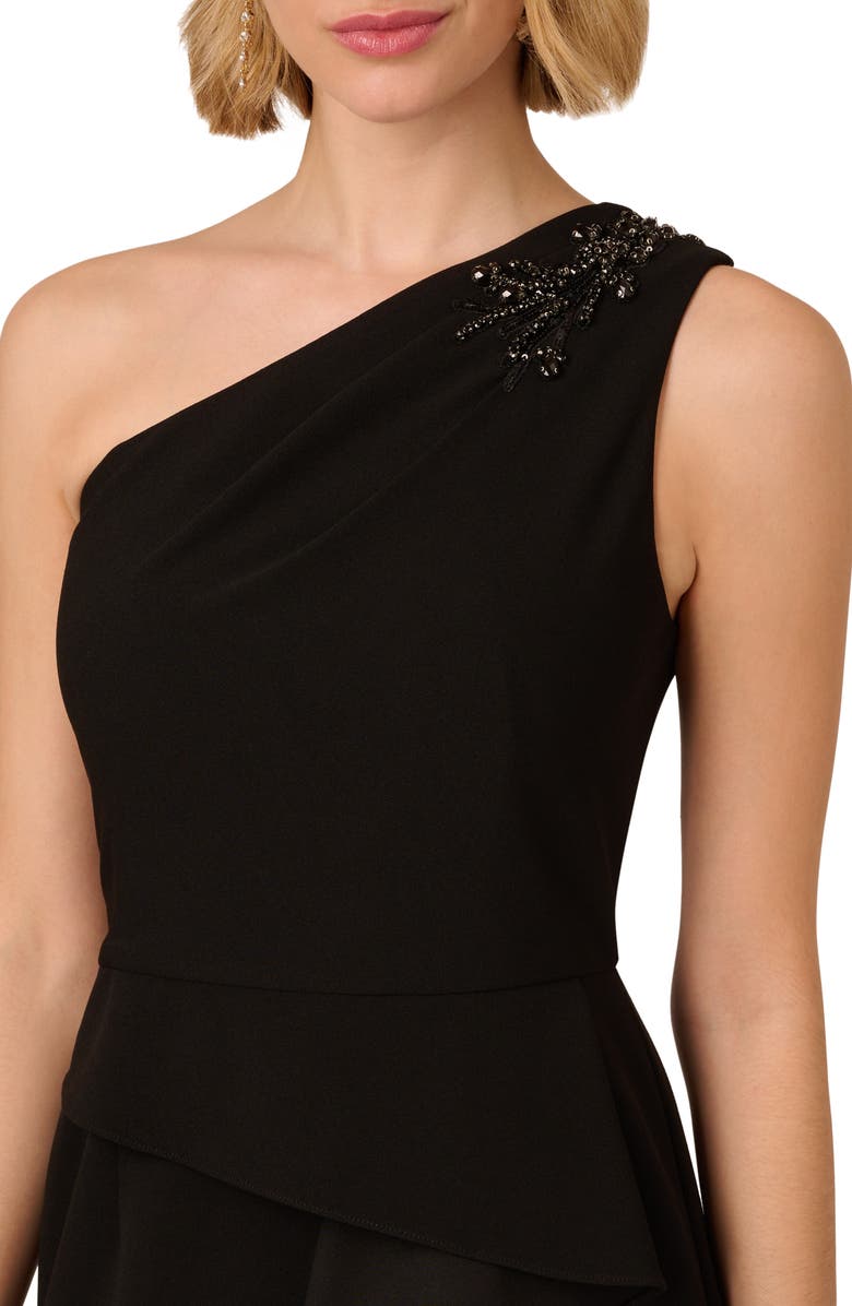 Adrianna Papell Beaded One-Shoulder Crepe Gown, Alternate, color, Black