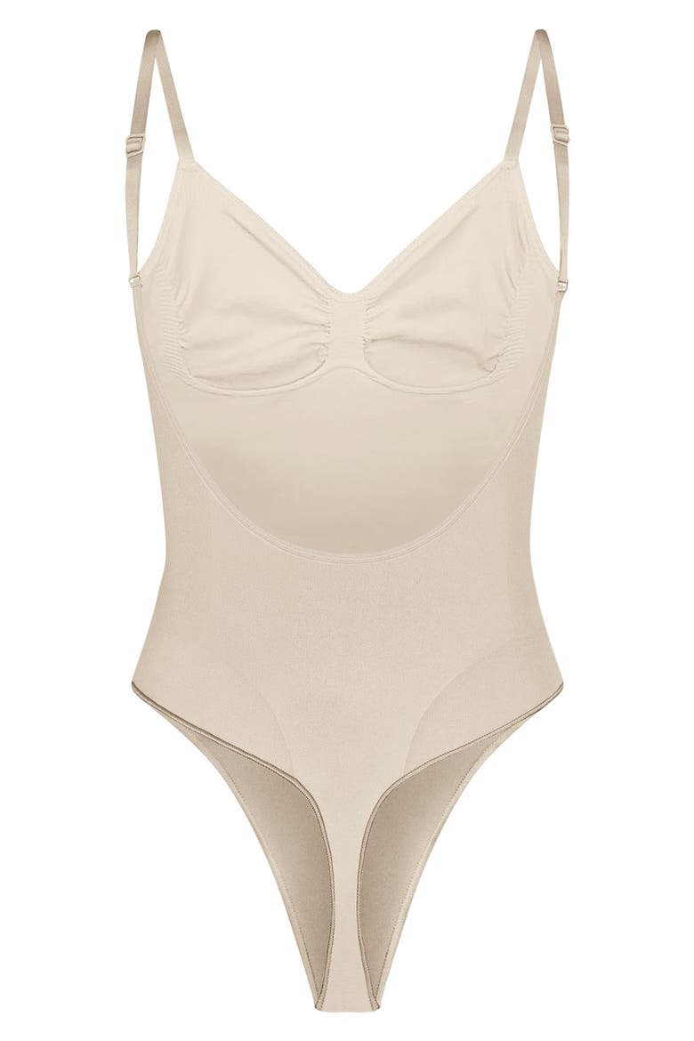 Seamless Sculpt Low Back Thong Bodysuit, Alternate, color, SAND