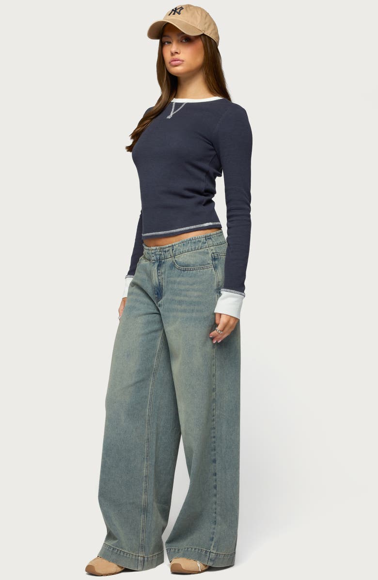 EDIKTED Rora Contrast Trim Cotton Blend Waffle Top, Alternate, color, Navy