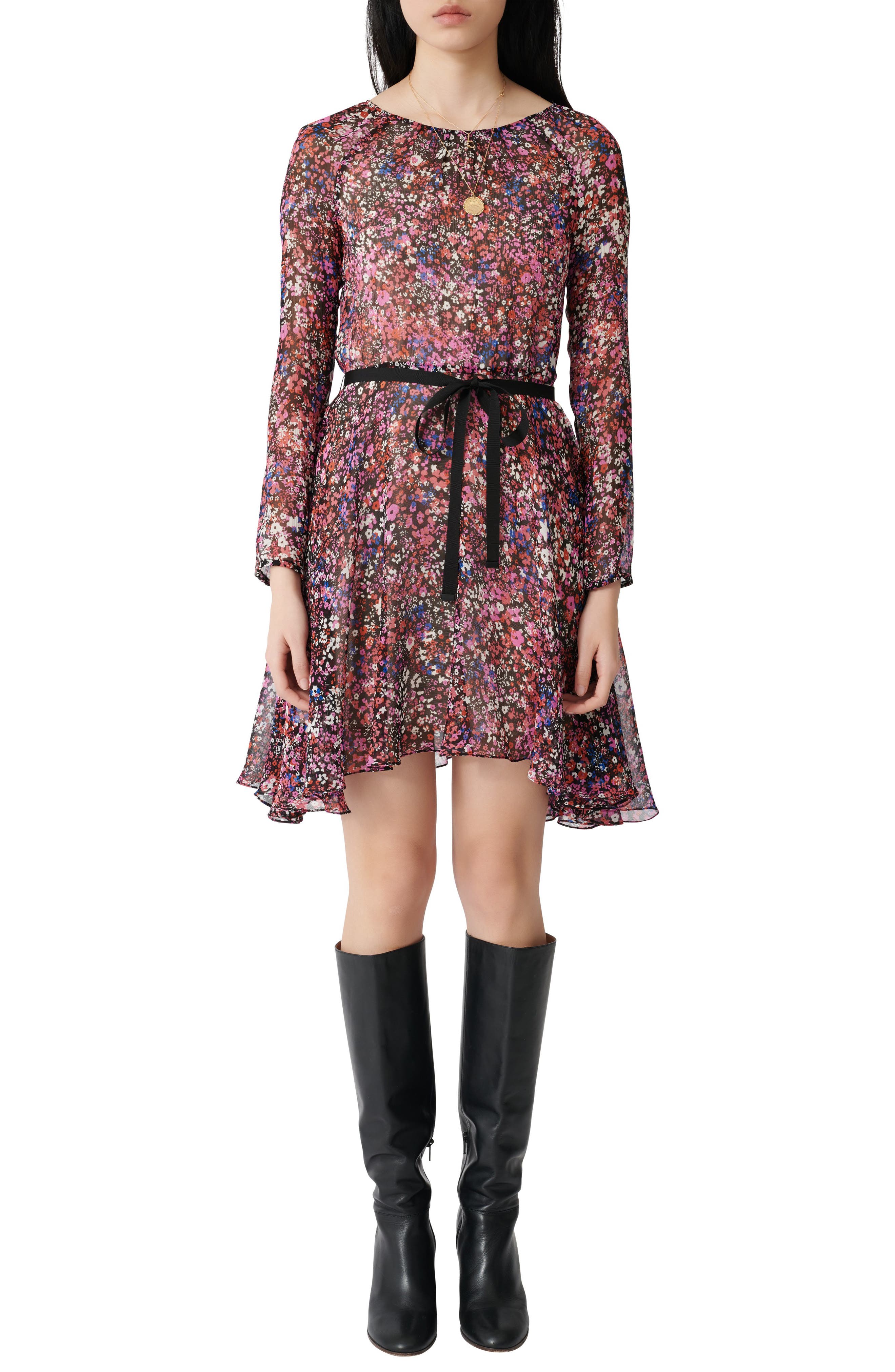 maje Long Sleeve Belted Floral Silk Dress