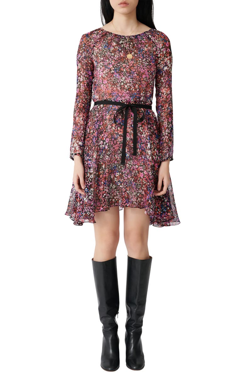 maje Long Sleeve Belted Floral Silk Dress, Main, color, 