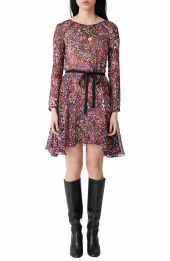 maje Long Sleeve Belted Floral Silk Dress
