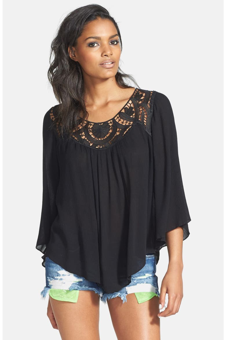 ASTR Crochet Yoke Crinkle Top, Main, color, BLACK