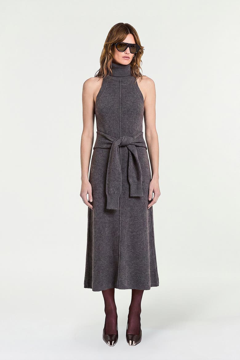 Zinnia Rollneck Tie Waist Dress, Alternate, color, Charcoal