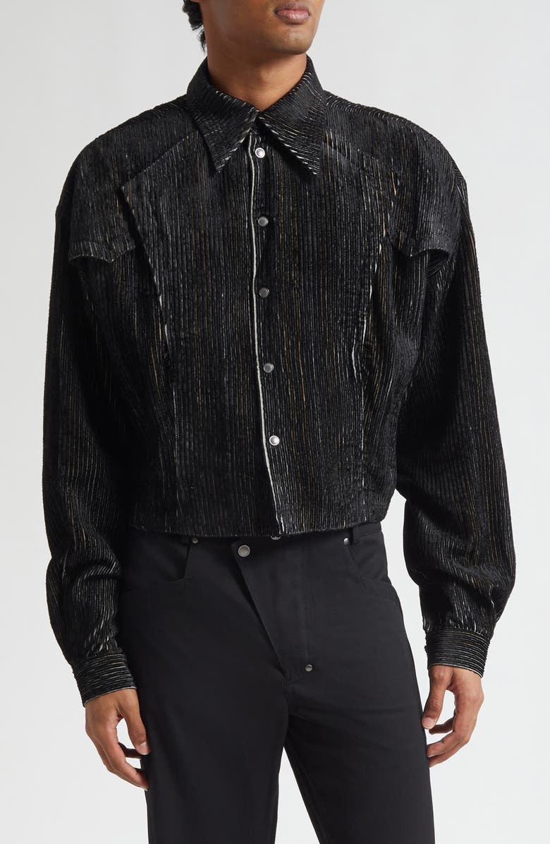 KIKO KOSTADINOV Kraner Stripe Velvet Crop Snap-Up Shirt, Main, color, Melange Black