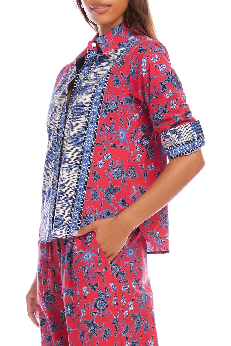 Floral Ruched Sleeve Cotton Button-Up Shirt, Alternate, color, RED