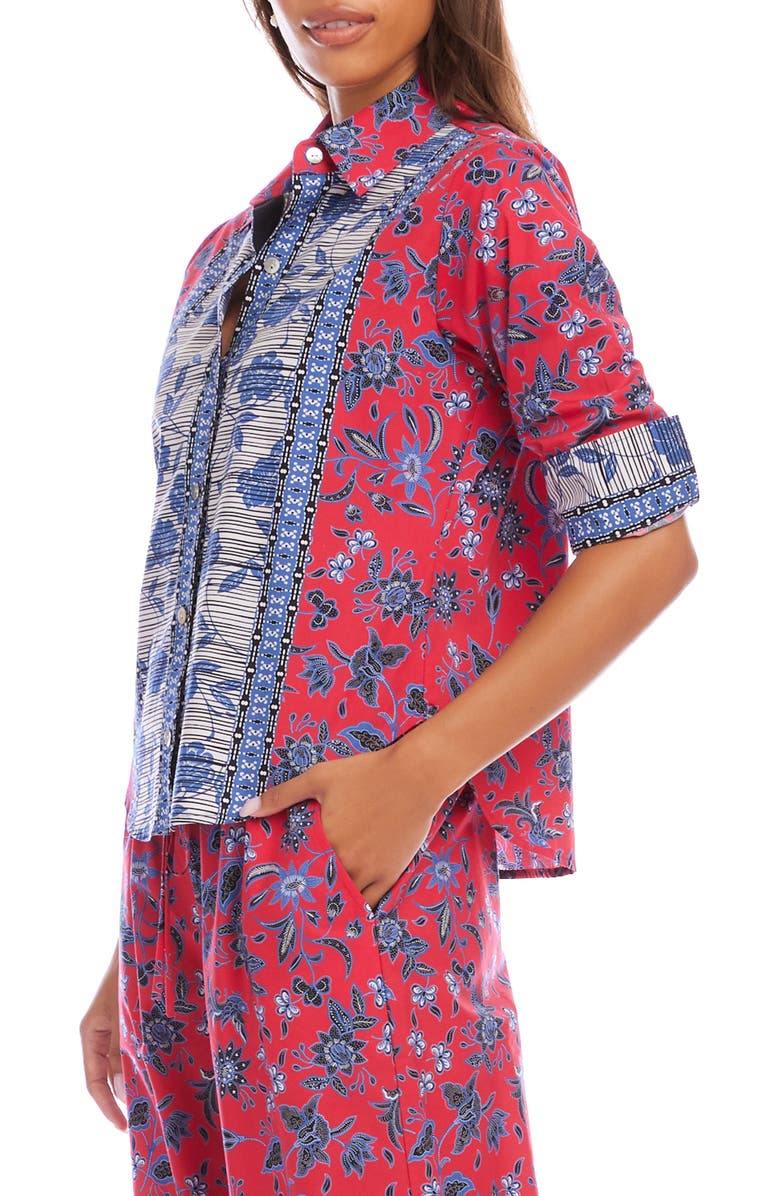 Karen Kane Floral Ruched Sleeve Cotton Button-Up Shirt, Alternate, color, Red