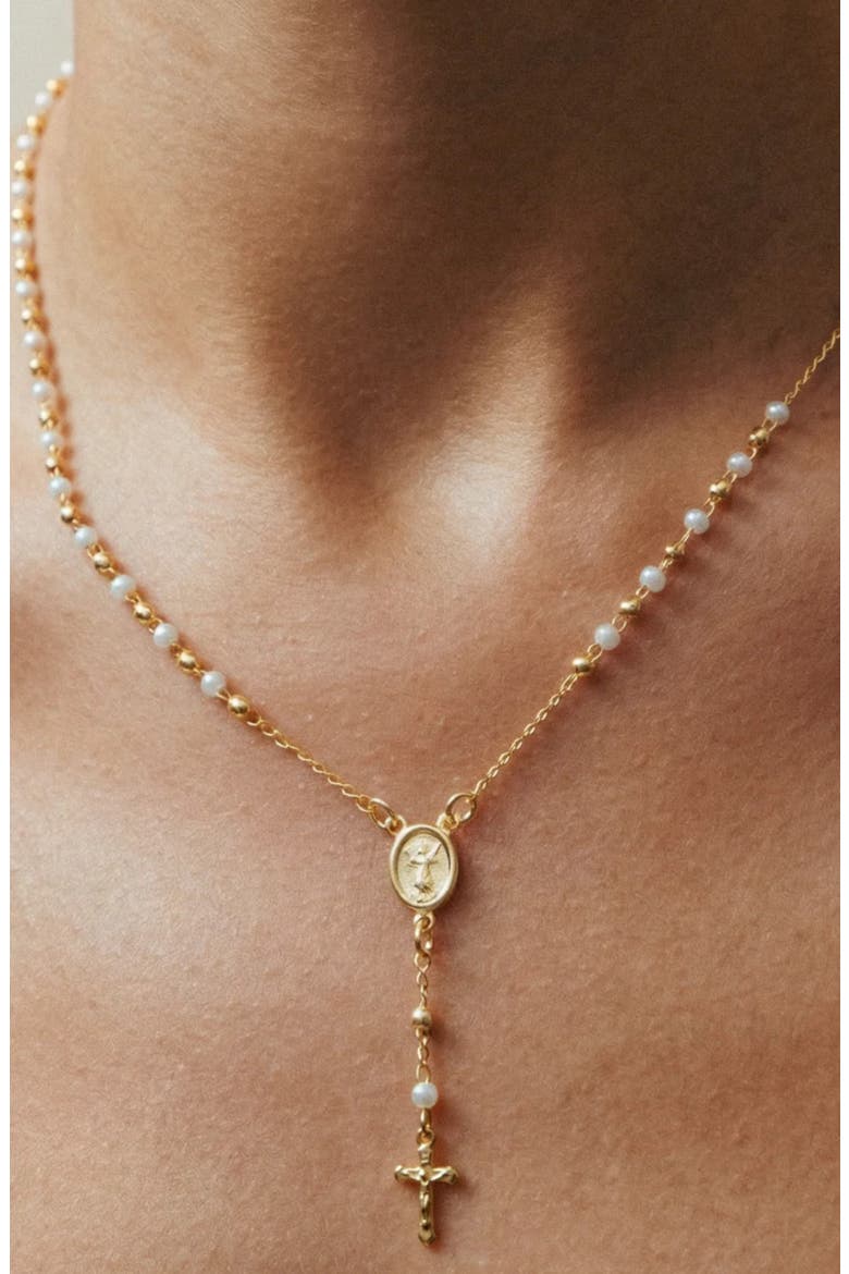 The Pearl Rosary Cross Pendant Necklace, Alternate, color, GOLD