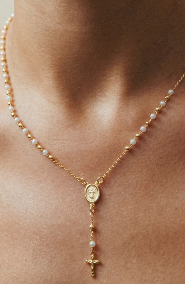 The M Jewelers The Pearl Mary Rosary Cross Pendant Necklace, Alternate, color, Gold