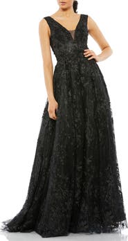 Mac Duggal Floral Embroidered Illusion V-Neck A Line Gown