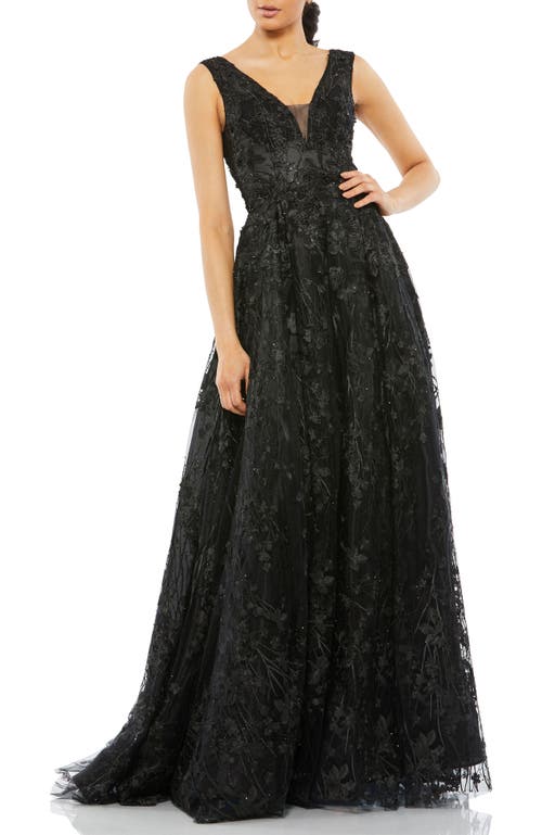 Mac Duggal Floral Embroidered Illusion V-neck A Line Gown In Black