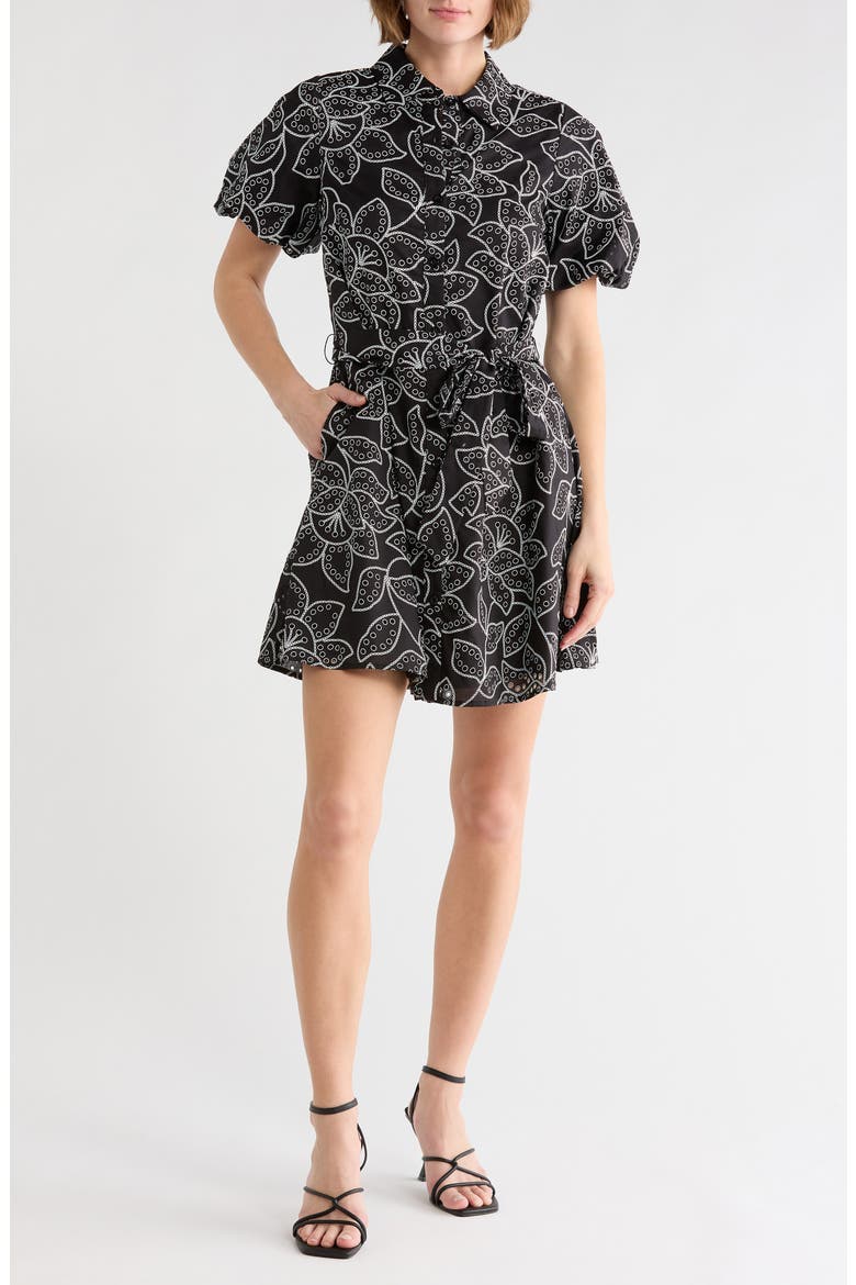 Puff Sleeve Floral Shirtdress, Main, color, BLACK/ WHITE