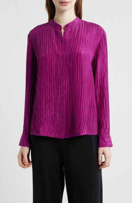 Mandarin Collar Silk Button-Up Shirt
