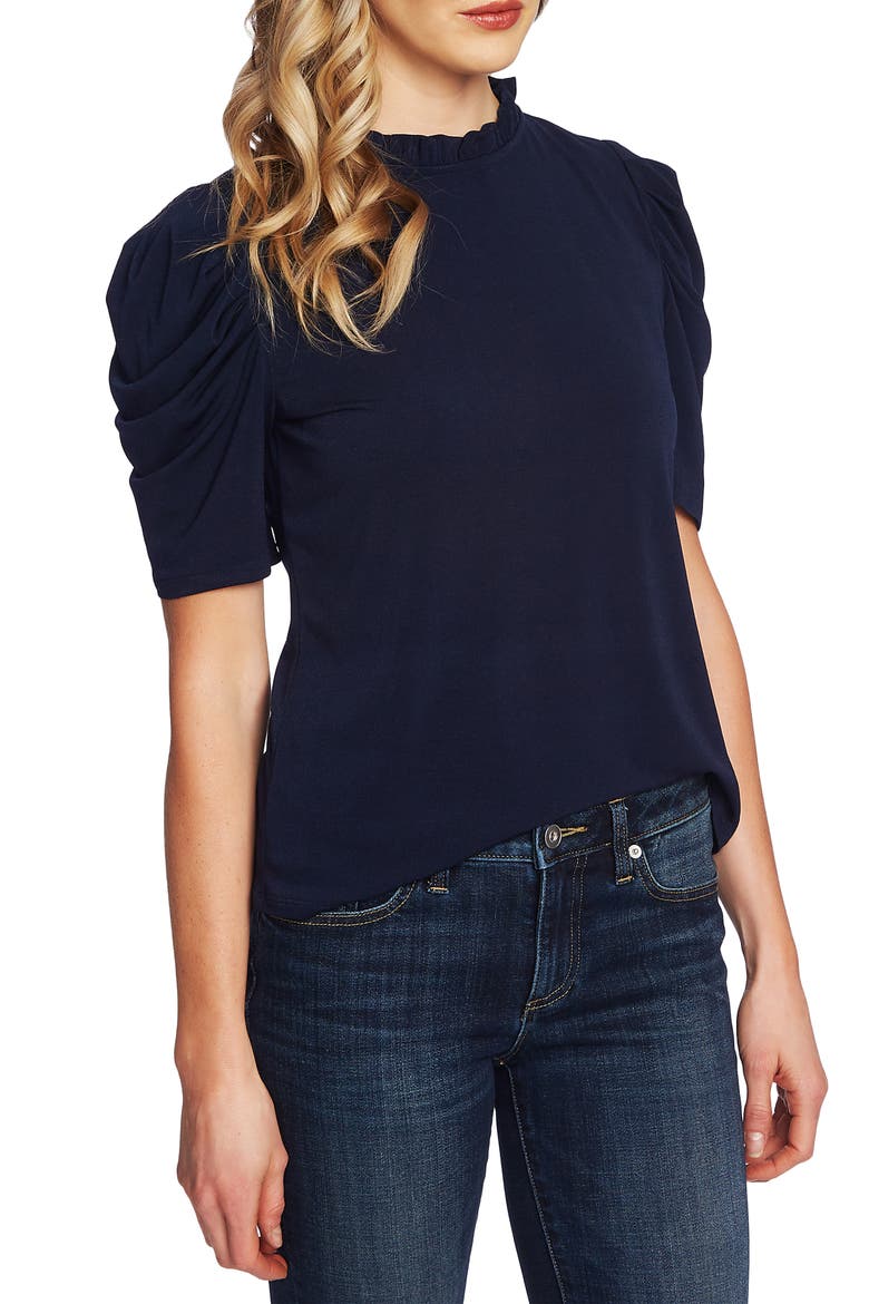 Puff Sleeve Crepe Top, Main, color, CAVIAR