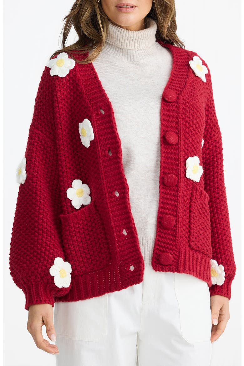 Budburst Crochet Appliqué Knit Cardigan, Main, color, CHERRY