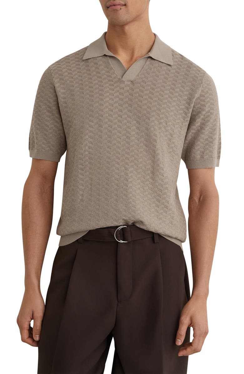Reiss Sol Geo Open Stitch Knit Polo, Main, color, Taupe Brown