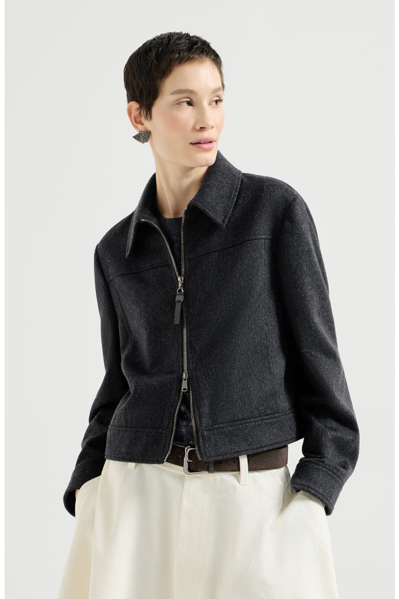 Wool flannel outerwear jacket with shiny zipper pull, Main, color, Anthracite