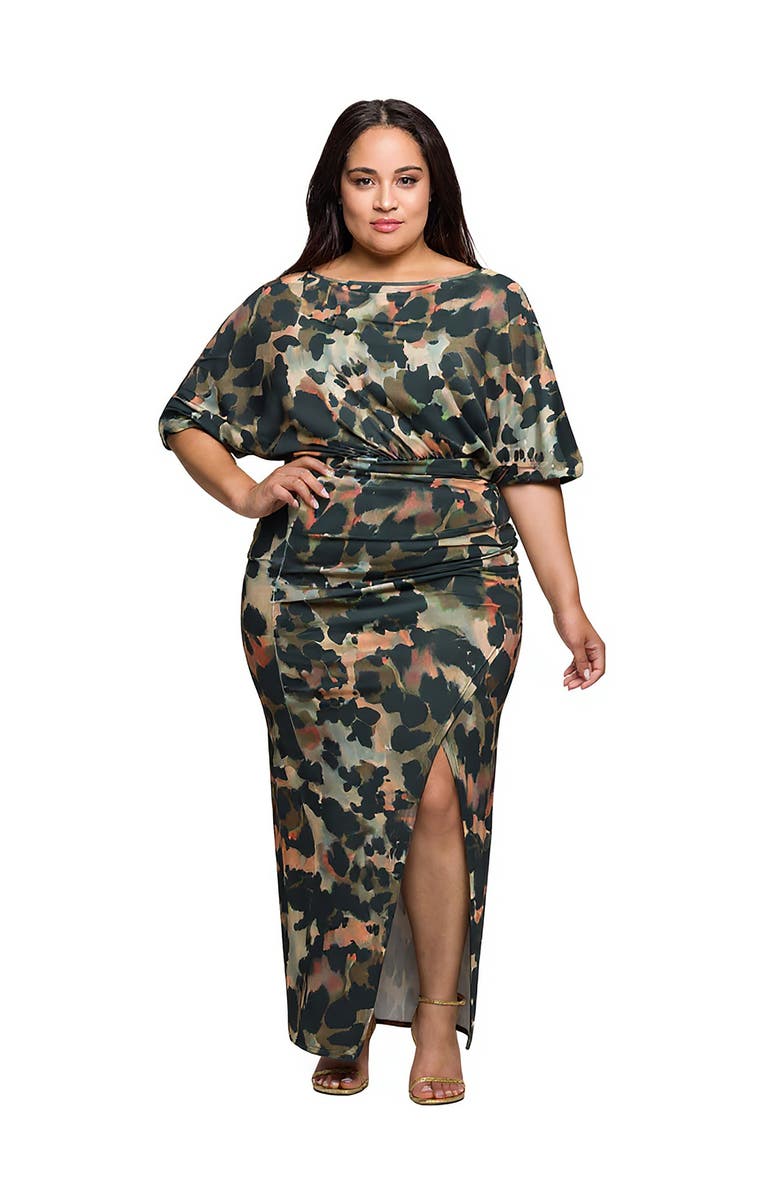 24seven Comfort Apparel Abstract Print Batwing Sleeve Maxi Dres, Main, color, Green Multi