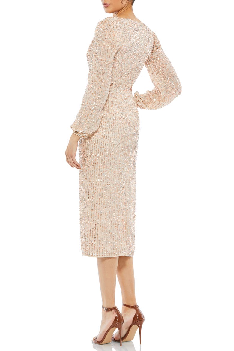 Sequin Faux-Wrap Cocktail Dress with Puff-Shoulder Sleeves & Midi Skirt, Alternate, color, BEIGE