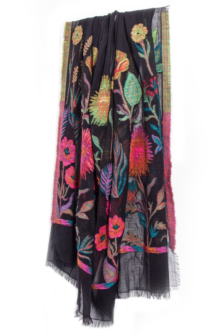 Lightweight Floral Pattern Scarf, Alternate, color, BLACK