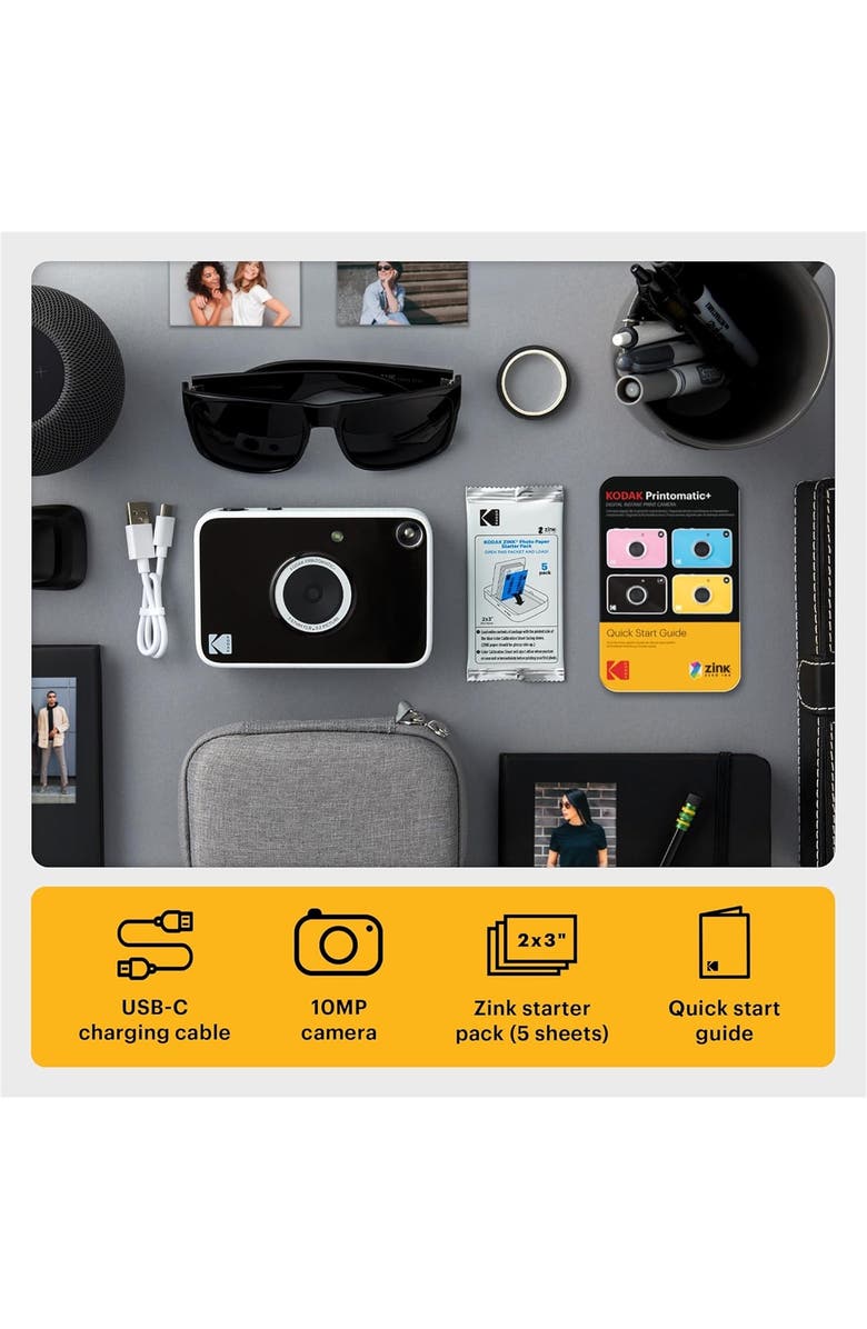 Kodak Printomatic+ Instant Camera 10MP, RGB LED, Prints Zink 2x3 Photos, Alternate, color, Black