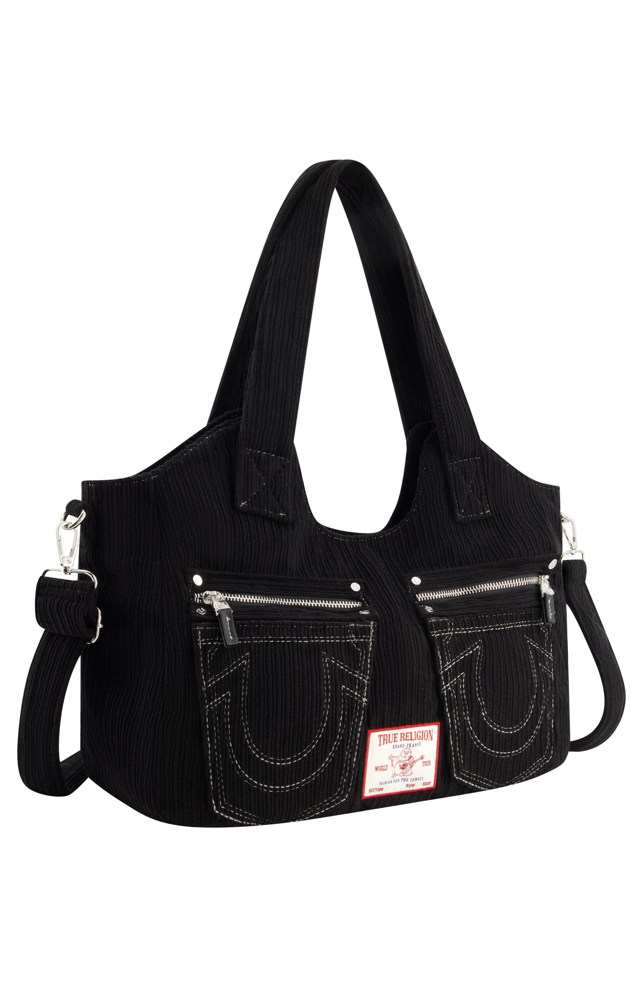True Religion Horseshoe Stitch Corduroy Satchel, Alternate, color, Black