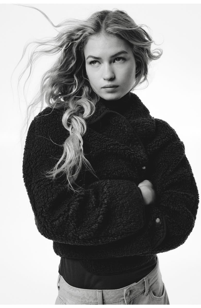 H&M Collared Teddy Jacket, Alternate, color, Black