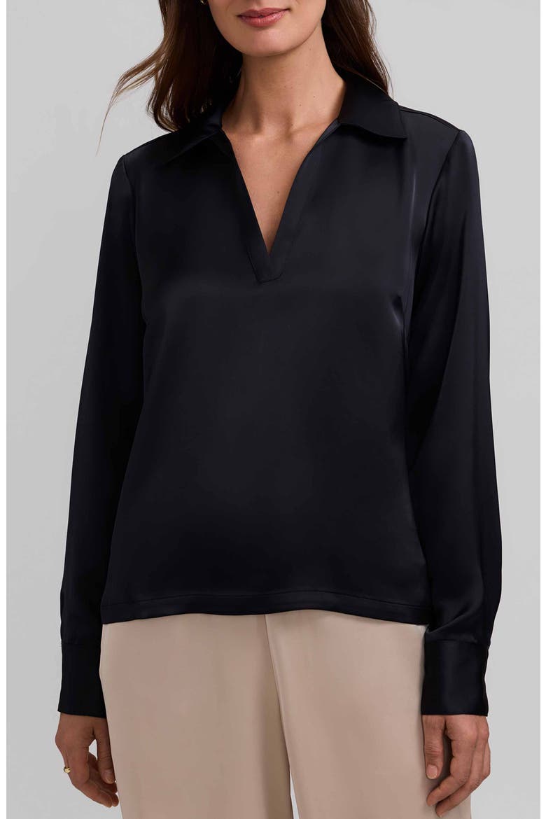 Talia Long Sleeve Satin Polo, Main, color, BLACK