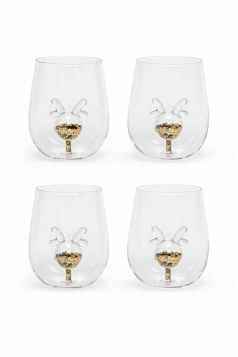 Glitter Reindeer Stemless Wine Glass, Set of 4, Main, color, Gold