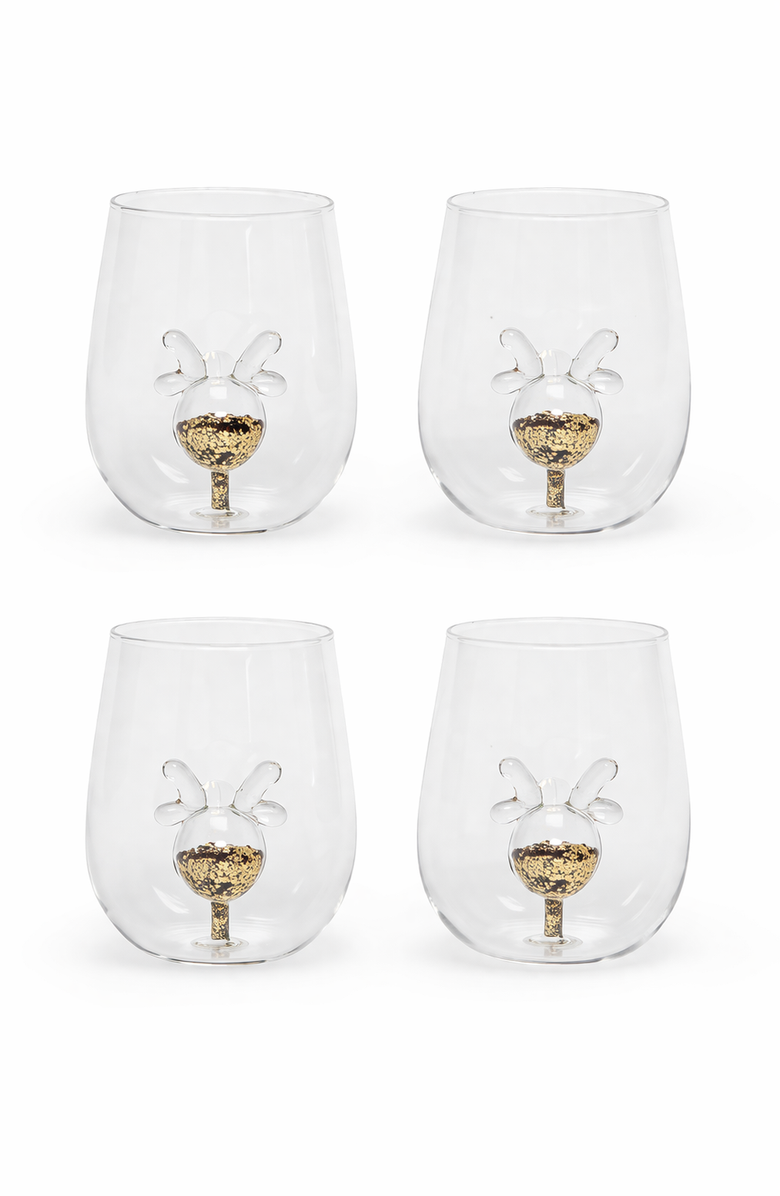Jeanne Fitz Glitter Reindeer Stemless Wine Glass, Set of 4, Main, color, Gold