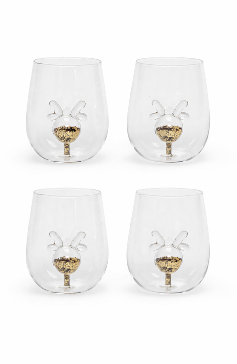 Glitter Reindeer Stemless Wine Glass, Set of 4